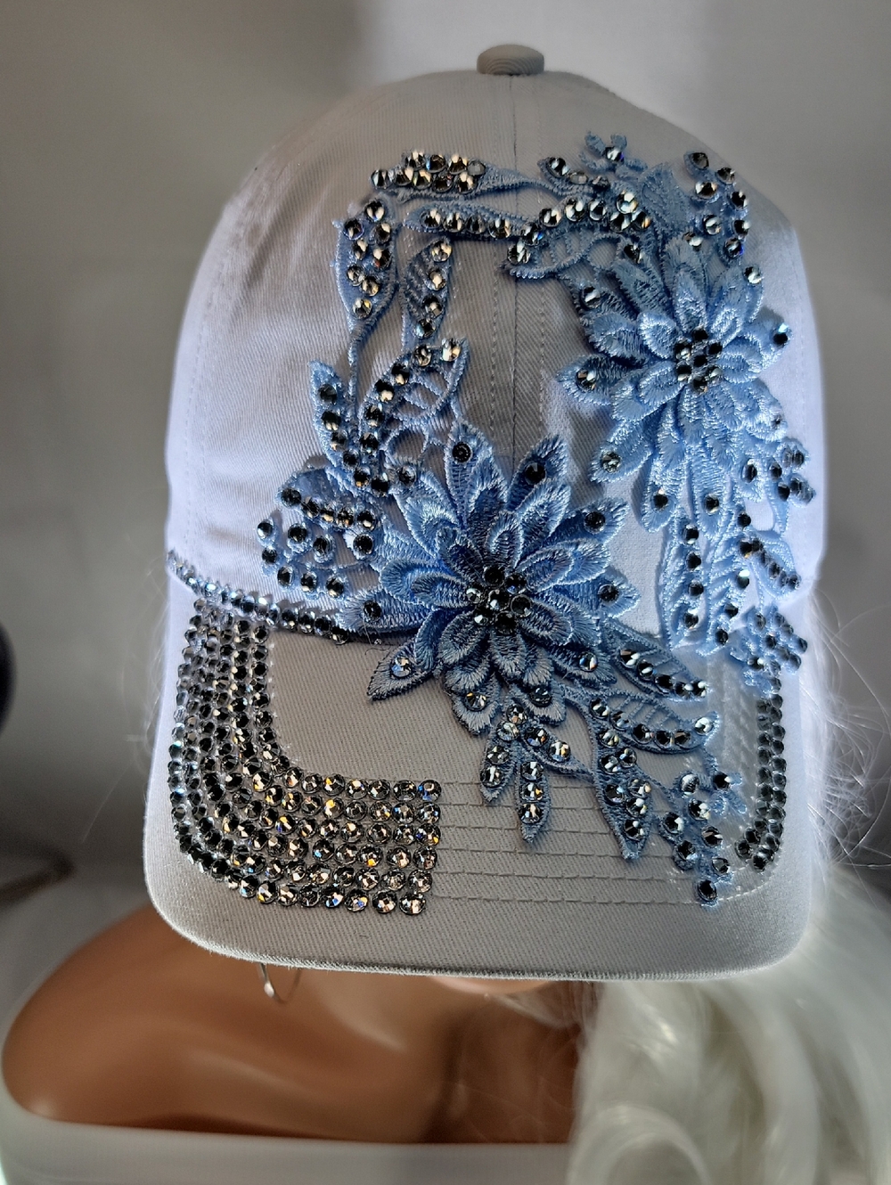 White Baseball Cap with Light Blue Floral Appliqué and Silver Rhinestones